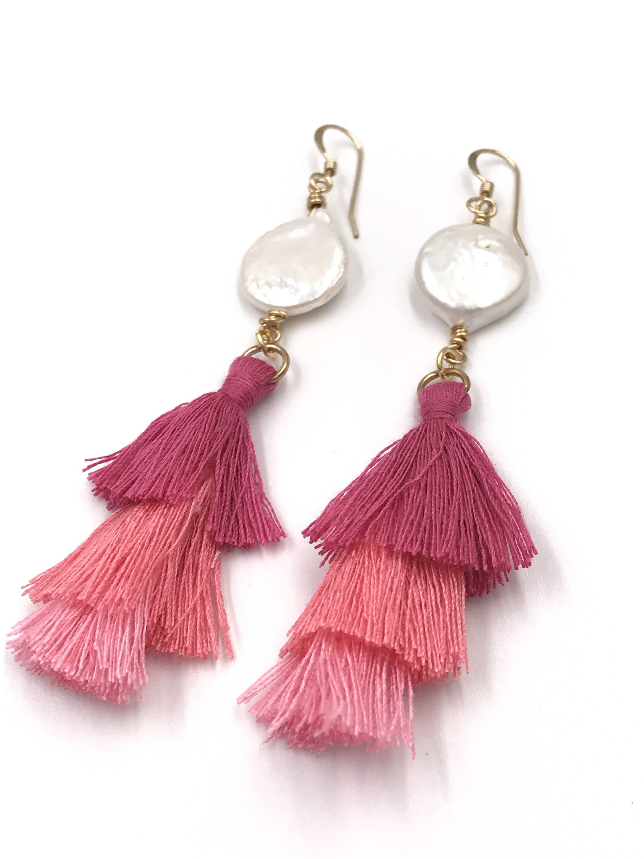 Pearl drop earrings with pink tassels and 14k gold filled
