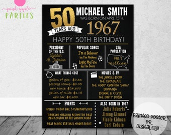 50th Birthday Chalkboard Poster - Back in 1967 - 50 Years Ago Poster - 50th Birthday Gift - Milestone Birthday - Printed Poster OR Printable