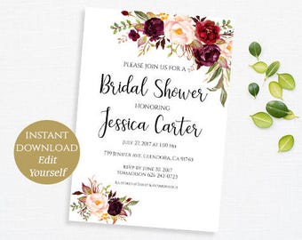 Bridal Shower Invitation Editable Template Bridal Shower Printable Floral Bridal Shower Bridal invitation Instant Download DIY Bridal Shower