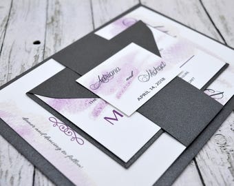 Wedding Invitation Watercolor Purple and Gray Thermography (Raise Ink)