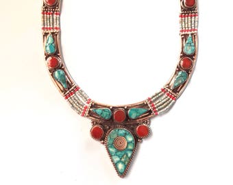 Turquoise bib Necklace, Tibetan Necklace, Statement Necklace, Bohemian necklace, Tibetan jewelry,Nepalese jewelry, Tribal