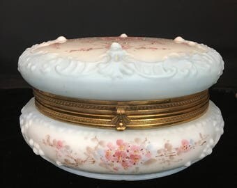 Wavecrest Large 7.5" Antique Silk Lined Dresser Jewelry Box Wave Crest Victorian Edwardian Satin Glass Flower Trinket Casket Jewel Estate