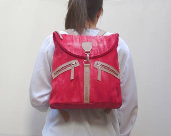 Linen and leather backpack. Red backpack.