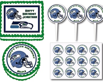 Seattle Seahawks Birthday Party Edible Cake Cookie Toppers or Plastic Cupcake Pick Stickers Decoration Baking Supply