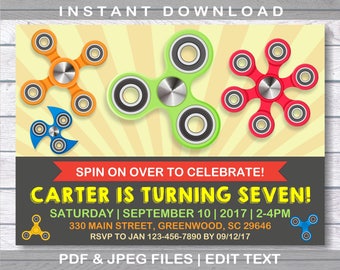 Spinner Invitations, Spinner Birthday Invitations, Spinner Party Invitations, INSTANT DOWNLOAD, Spinner, fidget spinner invitation
