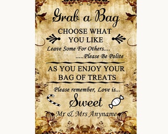 Autumn Vintage Grab A Bag Candy Buffet Cart Sweets Personalised Wedding Sign