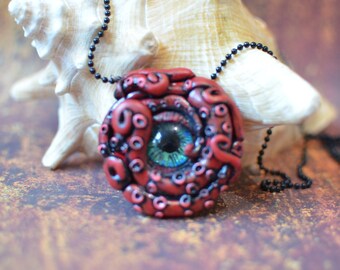Ctchulhu, Octopus necklace, Steampunk, Squid, Red and Black Polymer Clay Octopus Necklace with blue and green glass eye