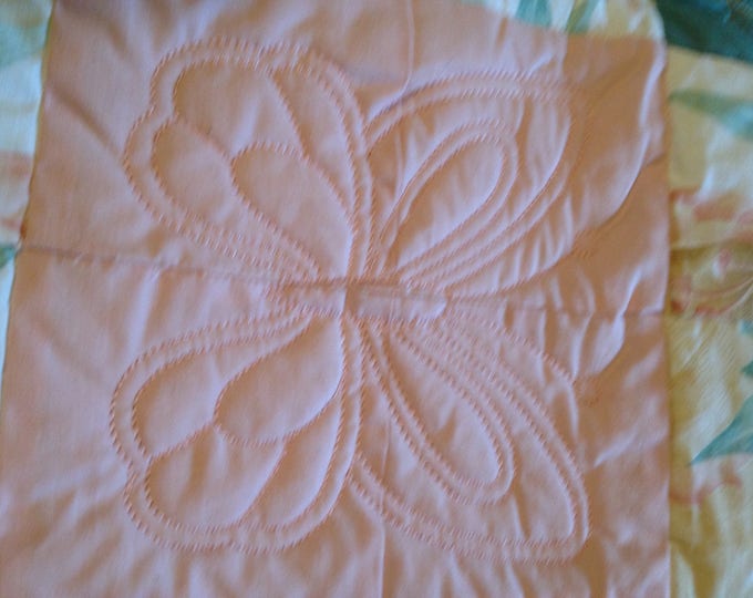 Embroidered Pink and Mint Green Butterfly and Flower Quilt 68 x78 inches , Pink and Mint Green Twin or Full Quilt, Quilted Butterflies