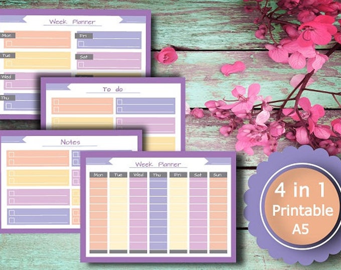 Planner Printable Week Planner To do list, Notes, A5, INSTANT Download