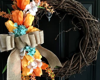 Orange Tulip Wreath, Summer Wreath, Spring Wreath, Burlap Wreath, Front Door Wreath