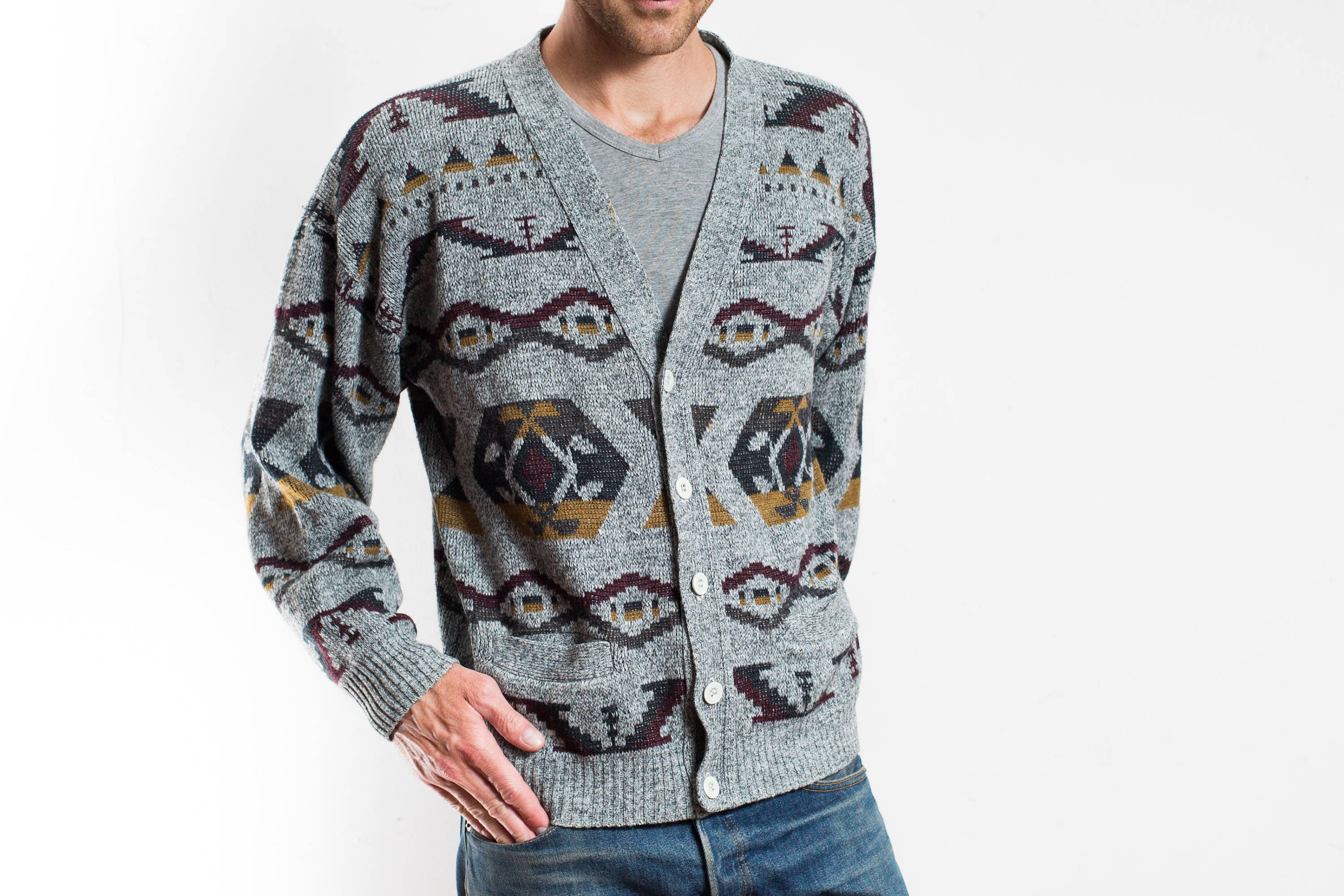 Vintage Sweater Vest / Mens Grey Geometric Pattern Cardigan / Made ...