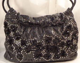 Midnight Ivy Mylinka handbag - large - European embossed leather with beads, sequins, Swarovski crystals Made in USA