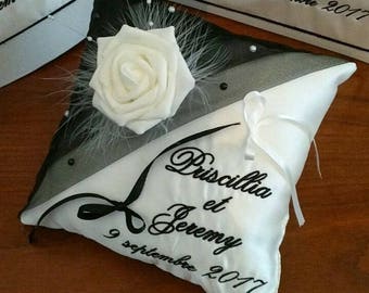 Ring bearer / wedding black and white with pink cushion