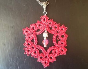 Lace tatted linen Fuchsia chain necklace silver metal long known as beads