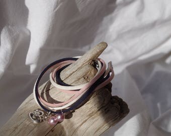 Bracelet two tone Pink/Blue Suede Navy / white