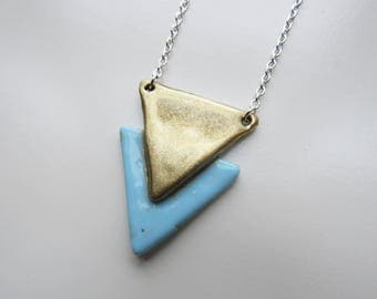 Silver necklace 2 triangles: blue and gold polymer clay
