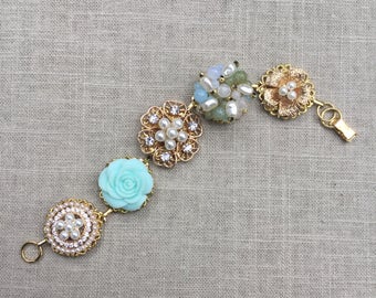 Vintage Earring Bracelet, Vintage Bracelet, Green Bracelet, Pearl Bracelet, Retro Bracelet, Chic Bracelet, Romantic Country, Gift Bracelet