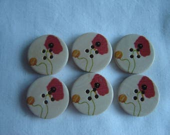 6 buttons poppies flowers / / 25 mm