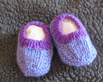 Hand knitted baby booties - blue with purple trim