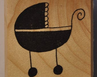 Rubber stamp mounted on wood - birthplace - pram
