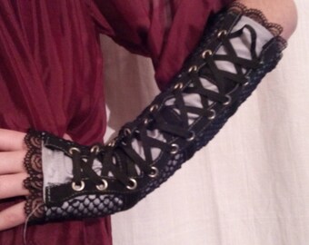 Fingerless gloves, arm warmers Black Lace decorated with Black Lace