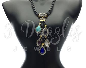 Multi Station Gemstone Necklace. Artisan Jewelry Adorned with Swarovski Crystals