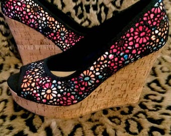 BRAND NEW Colorful Peep-Toe Floral Wedge Heels
