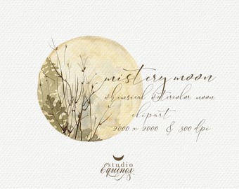 Watercolor Moon Clipart, Full Moon Clipart, Autumn Leaves Clipart, Whimsical Moon Clipart, Autumn Clipart, Nocturnal Forest Clipart
