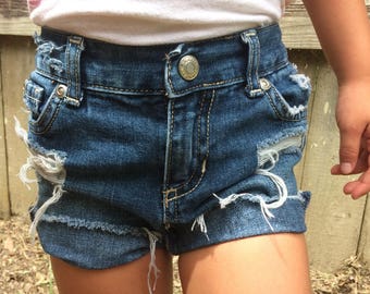 Hand distressed dark wash denim shorts size 18-24 months