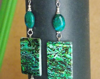 Modern earrings green with stones and mother of Pearl