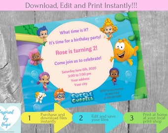 Girl Bubble Guppies Birthday Party Invitation - Bubble Guppies Invitation - Bubble Guppies Party - INSTANT DOWNLOAD - Editable Invitation