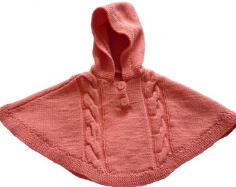 Pink poncho Orange hood and cable pattern 6 months