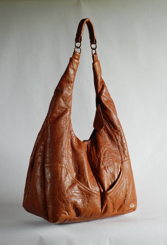 Cognac brown slouchy soft leather hobo bag up-cycled leather