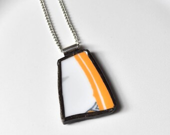 Broken China Jewelry Pendant - Orange and White