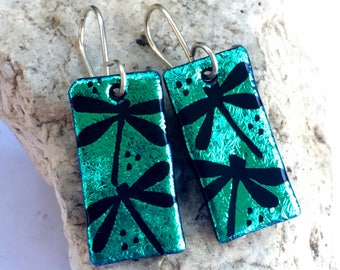 Green Dragonfly Earrings Hand Etched Dichroic Fused Glass with Sterling Silver Hooks