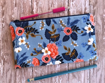Floral Pencil Pouch Floral Pencil Case School Supplies Gift For Her Rifle Paper Co Back To School Blue Zipper Pouch Makeup Bag
