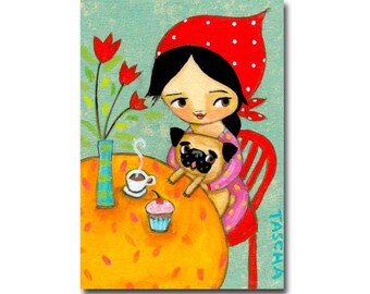 Pug Painting Pug cupcake tea time ORIGINAL acrylic painting cute pug dog folk art with babushka by artist Tascha