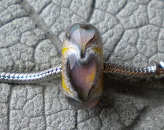 Silver Glass Heart Yellow BHB Lampwork Beads by Cherie Sra R114 Big Hole Bead Flameworked Bead 5mm hole Pink Heart Yellow BHB Aged Look