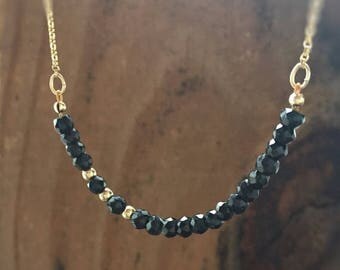 ON SALE Black Spinel Beaded Necklace Ultra Dainty Black Gemstone Necklace 14kt Gold Filled Row of Gems Beaded Bar Jewelry