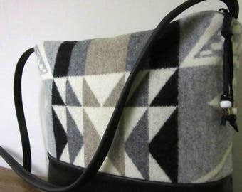 Wool Cross Body Bag Purse Shoulder Bag Soft Black Leather Blanket Wool from Pendleton Oregon