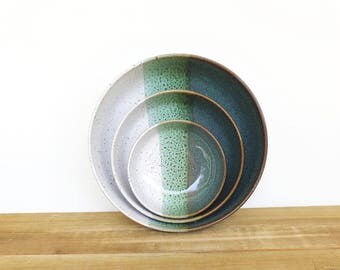 Stoneware Pottery Nesting Ceramic Bowls in Sea Mist and Glossy White Glazes - Set of 3