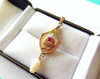 Antique Victorian 10kt Gold & Ruby Laveliere Pendant