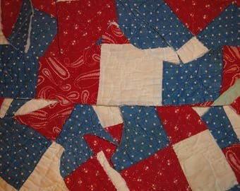 Red White And Blue Antique Quilt Pieces | 10 Old Quilt Scrap Pieces | Vintage Quilt Pieces | Cutter Quilt Scrap | Primitve Quilt Pieces