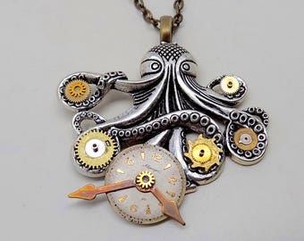 Steampunk octopus necklace pendant. Steampunk jewelry.