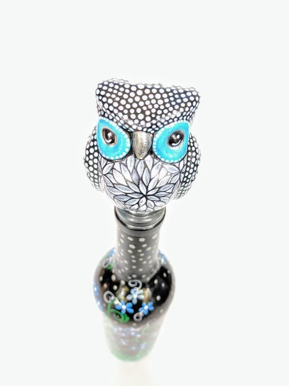 Painted wine bottle with painted glass owl bottle topper Wine bottle with topper woodland creature