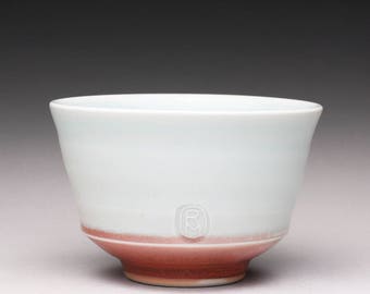 handmade porcelain tea bowl, matcha chawan, ceramic bowl with turquoise celadon and bright red glazes