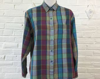 Vintage 1980s Diane Von Furstenberg Plaid Blouse, size XL