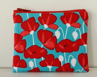 Pretty Poppies Coin Purse - Summer Flowers Cotton Change Purse - Small Zipper Pouch