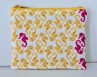 Dancing Seahorses Coin Purse - Ocean Life Cotton Change Purse - Small Zipper Pouch