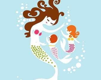 SUMMER SALE 11X14" mermaid mother & two baby girls giclee print on fine art paper. sky blue, green, pink, yellow, brunette, redhead.